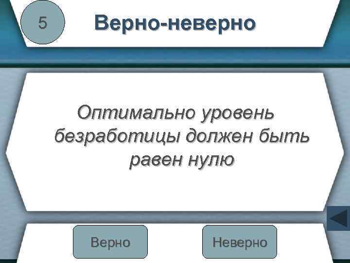 5 Верно-неверно Оптимально уровень безработицы должен быть равен нулю Верно Неверно 