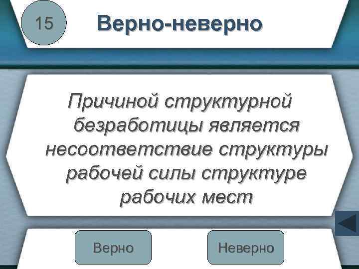 15 Верно-неверно Причиной структурной безработицы является несоответствие структуры рабочей силы структуре рабочих мест Верно