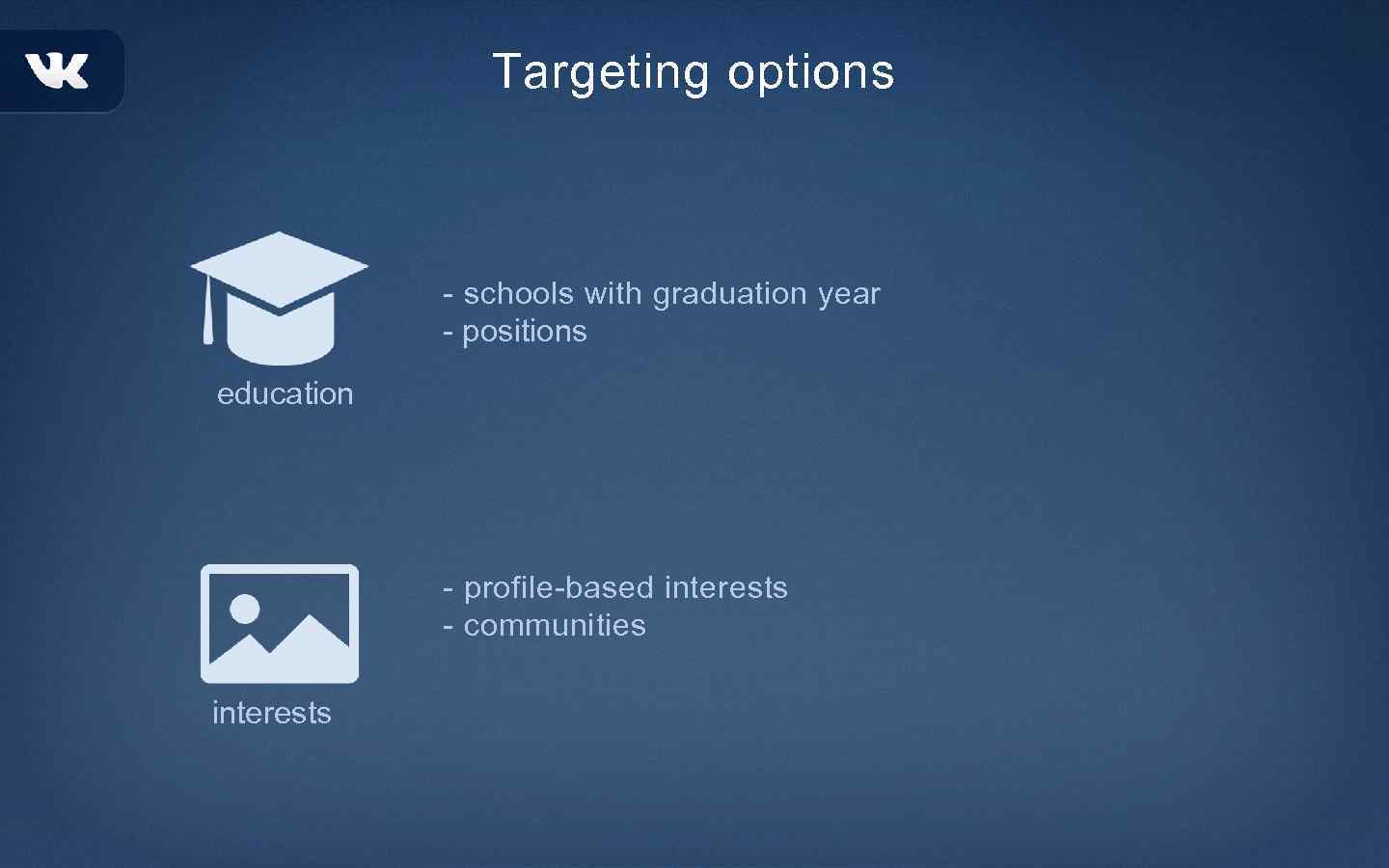Targeting options - schools with graduation year - positions education - profile-based interests -