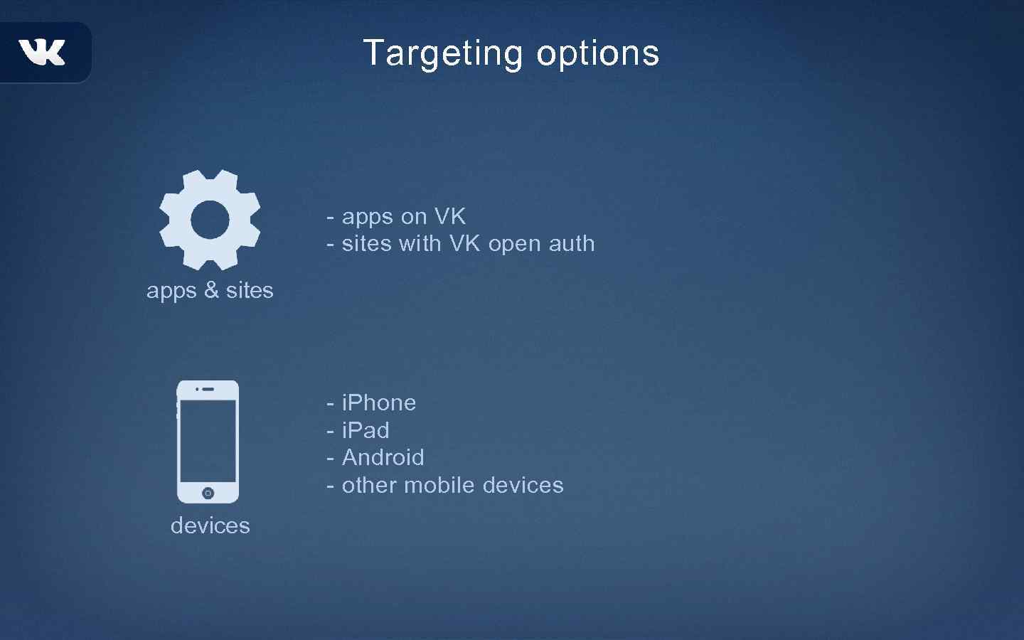 Targeting options - apps on VK - sites with VK open auth apps &