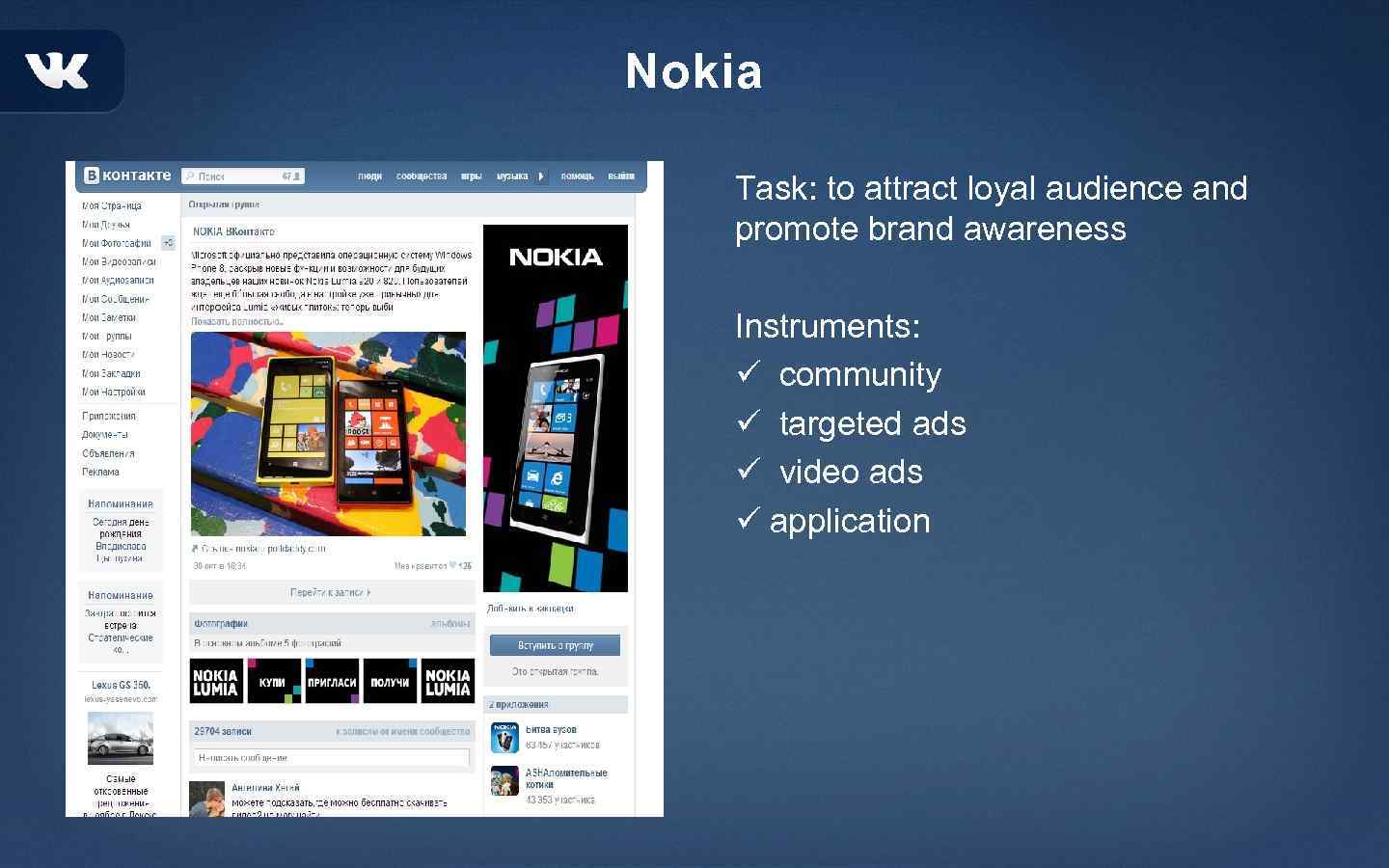 Nokia Task: to attract loyal audience and promote brand awareness Instruments: ü community ü