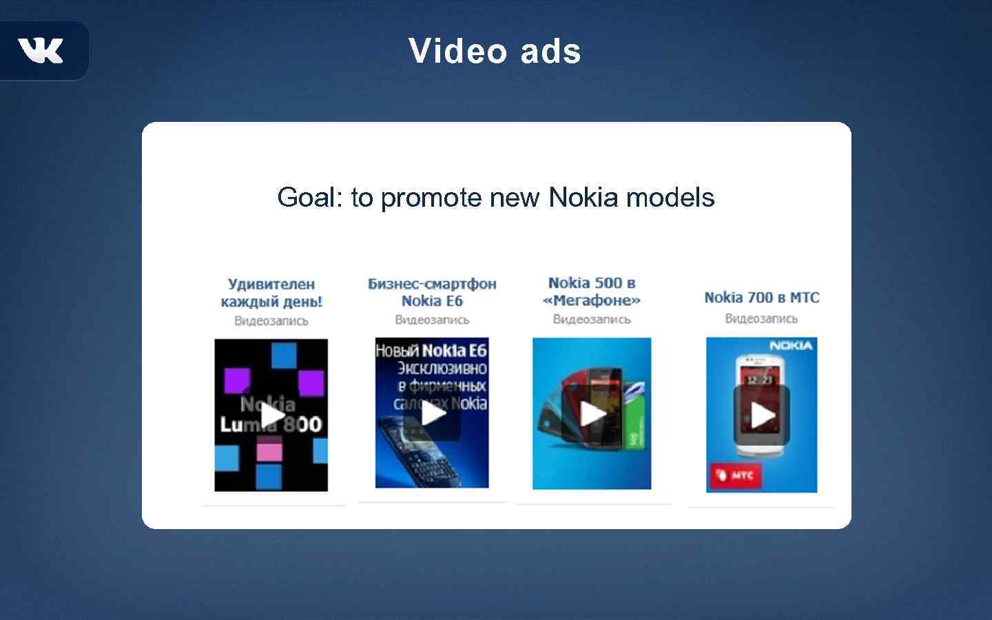 Video ads Goal: to promote new Nokia models 
