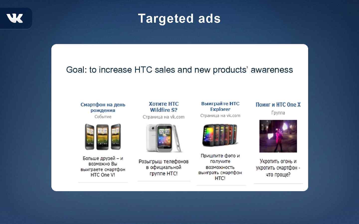 Targeted ads Goal: to increase HTC sales and new products’ awareness 