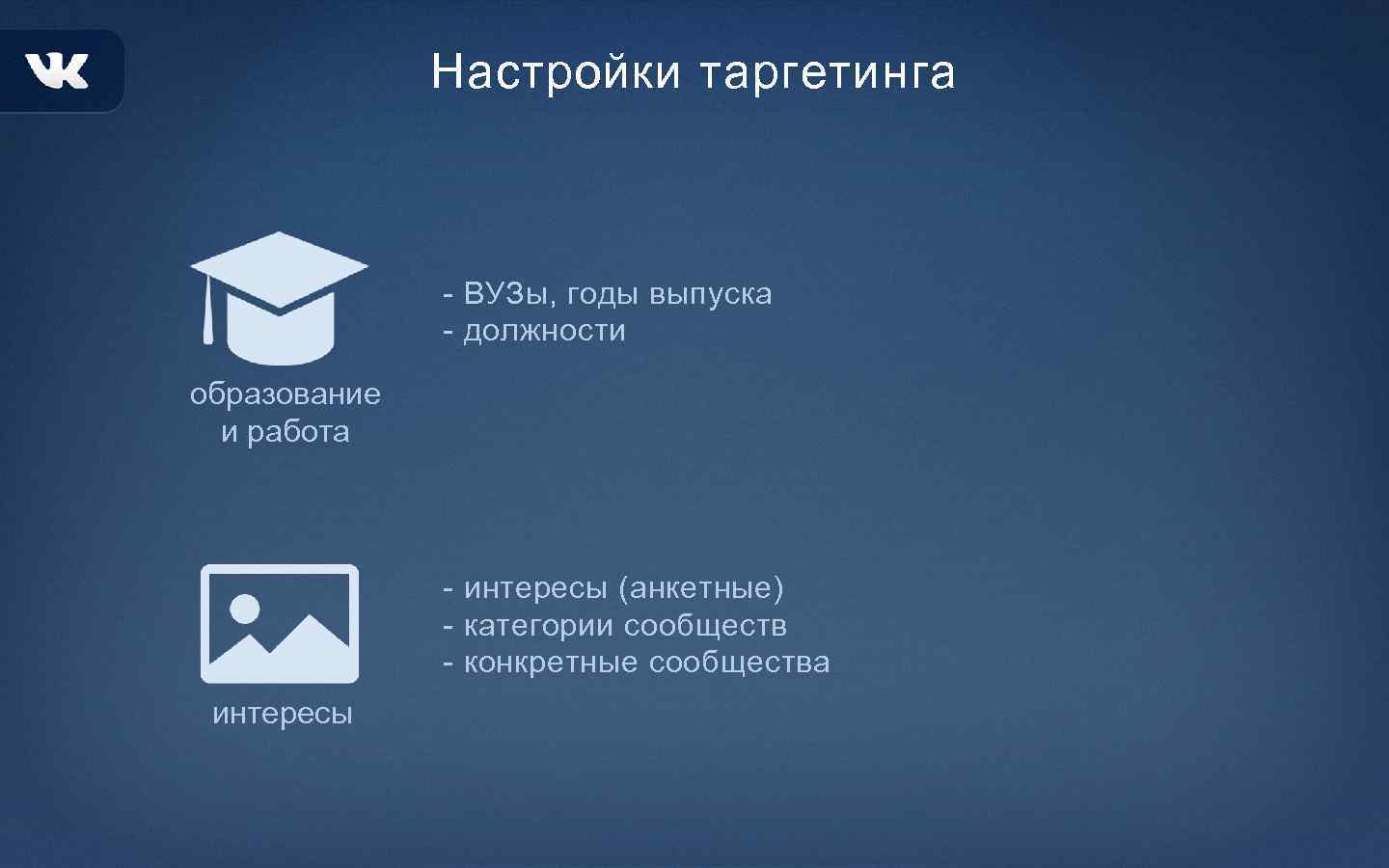 Настройки таргетинга - ВУЗы, годы выпуска - должности образование и работа - интересы (анкетные)