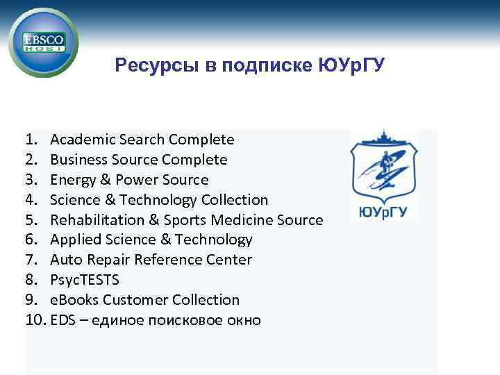 Ресурсы в подписке ЮУр. ГУ 1. Academic Search Complete 2. Business Source Complete 3.