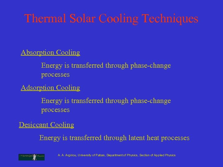Thermal Solar Cooling Techniques Absorption Cooling Energy is transferred through phase-change processes Adsorption Cooling