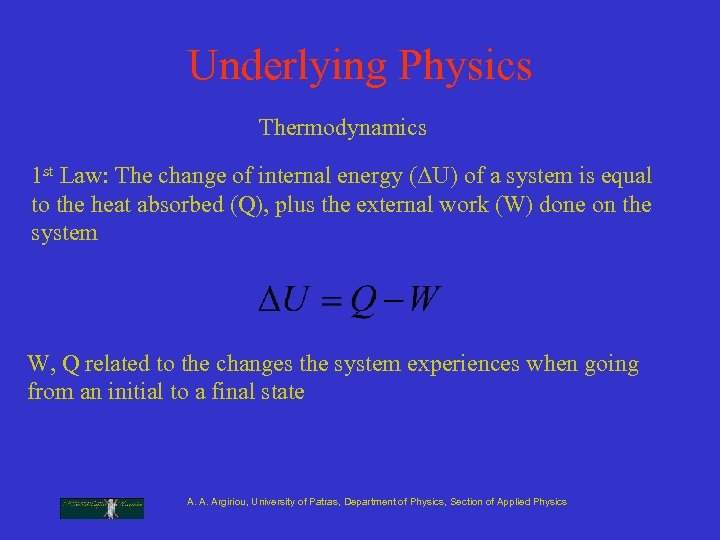 Underlying Physics Thermodynamics 1 st Law: The change of internal energy (ΔU) of a