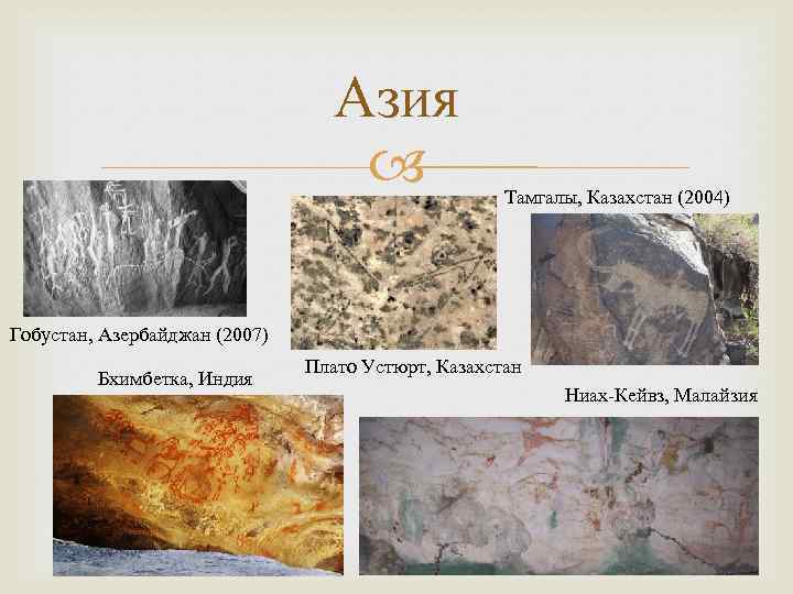 Азия Тамгалы, Казахстан (2004) Гобустан, Азербайджан (2007) Бхимбетка, Индия Плато Устюрт, Казахстан Ниах-Кейвз, Малайзия