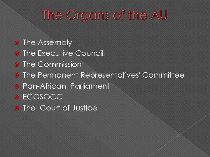 The Organs of the AU The Assembly The Executive Council The Commission The Permanent