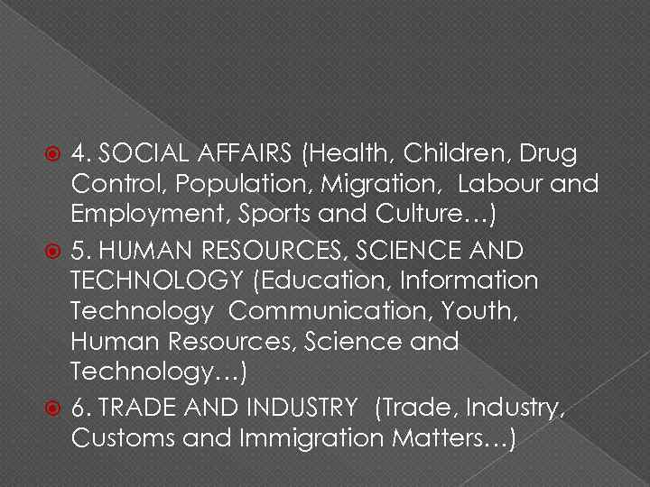 4. SOCIAL AFFAIRS (Health, Children, Drug Control, Population, Migration, Labour and Employment, Sports and
