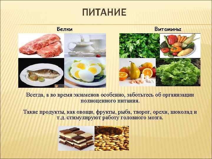 ПИТАНИЕ Белки Витамины Всегда, а во время экзаменов особенно, заботьтесь об организации полноценного питания.