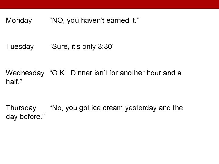 Monday “NO, you haven’t earned it. ” Tuesday “Sure, it’s only 3: 30” Wednesday