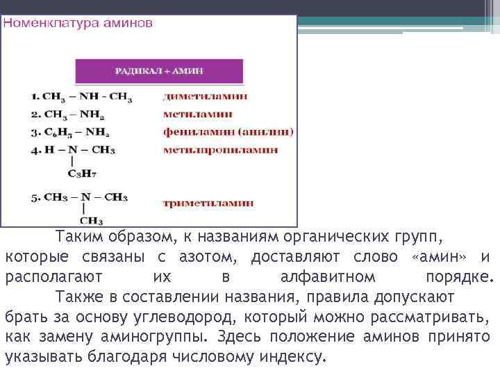 Таким образом, к названиям органических групп, которые связаны с азотом, доставляют слово «амин» и