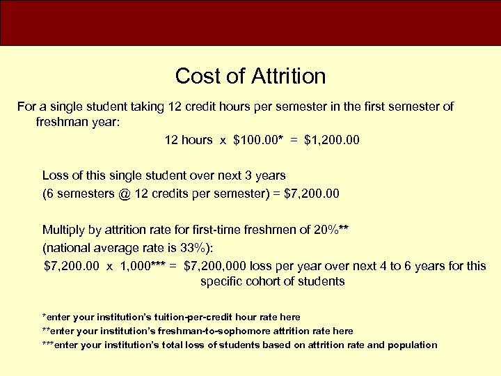 Cost of Attrition For a single student taking 12 credit hours per semester in