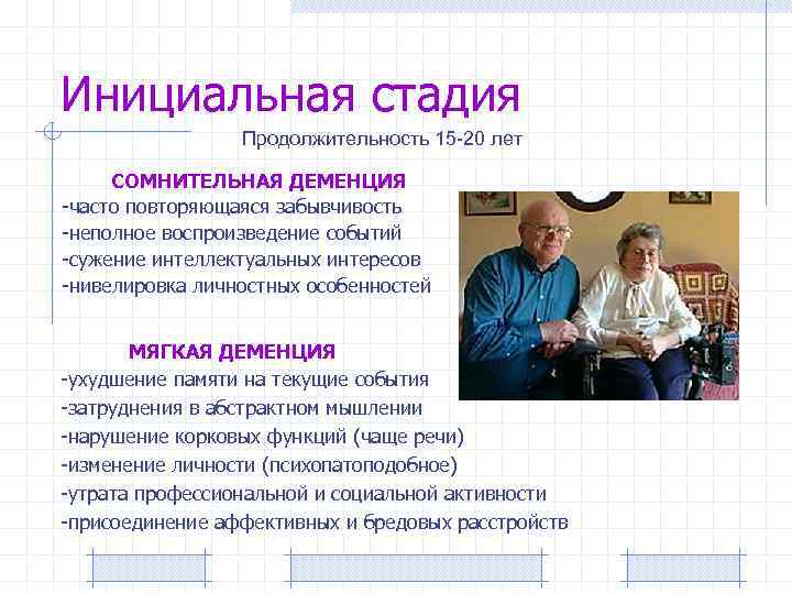 Инициальная стадия Продолжительность 15 -20 лет СОМНИТЕЛЬНАЯ ДЕМЕНЦИЯ -часто повторяющаяся забывчивость -неполное воспроизведение событий