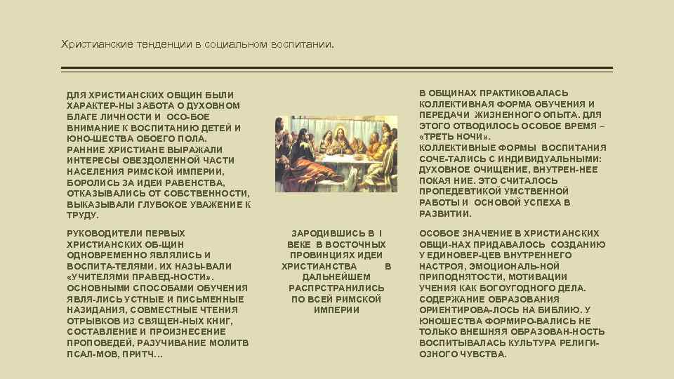 Христианские тенденции в социальном воспитании. В ОБЩИНАХ ПРАКТИКОВАЛАСЬ КОЛЛЕКТИВНАЯ ФОРМА ОБУЧЕНИЯ И ПЕРЕДАЧИ ЖИЗНЕННОГО