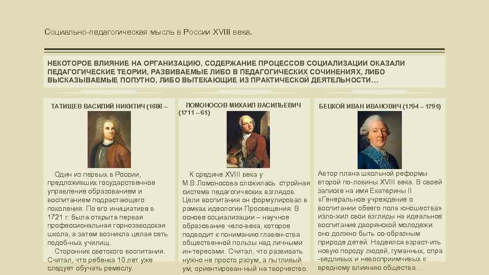 Социально-педагогическая мысль в России XVIII века. НЕКОТОРОЕ ВЛИЯНИЕ НА ОРГАНИЗАЦИЮ, СОДЕРЖАНИЕ ПРОЦЕССОВ СОЦИАЛИЗАЦИИ ОКАЗАЛИ