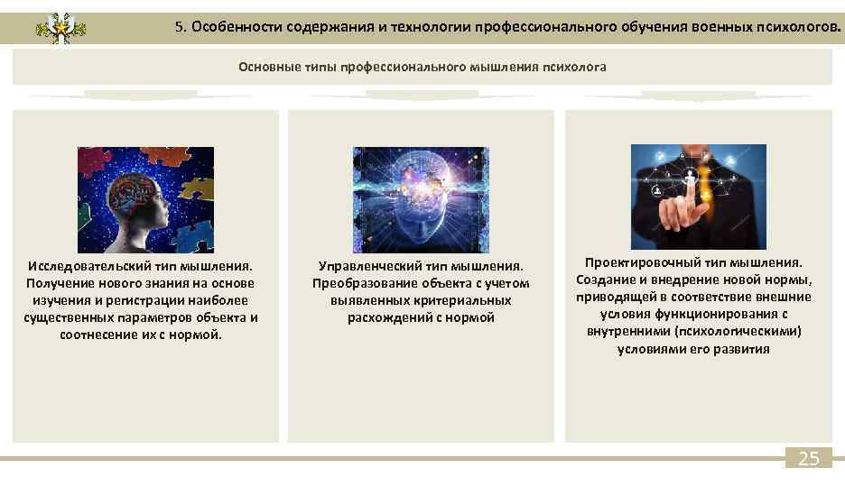 5. Особенности содержания и технологии профессионального обучения военных психологов. Основные типы профессионального мышления психолога