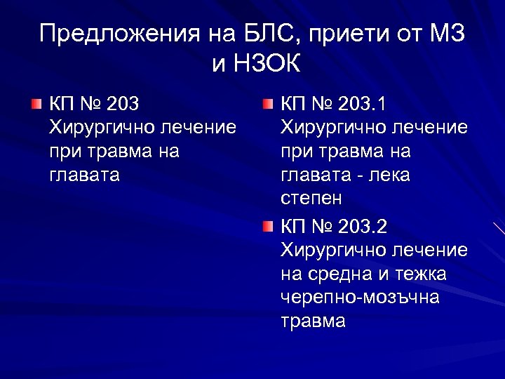 Предложения на БЛС, приети от МЗ и НЗОК КП № 203 Хирургично лечение при
