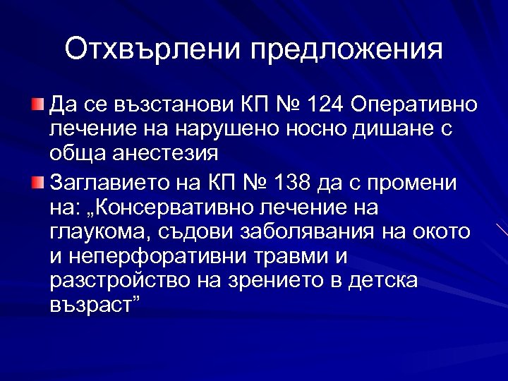 Отхвърлени предложения Да се възстанови КП № 124 Оперативно лечение на нарушено носно дишане