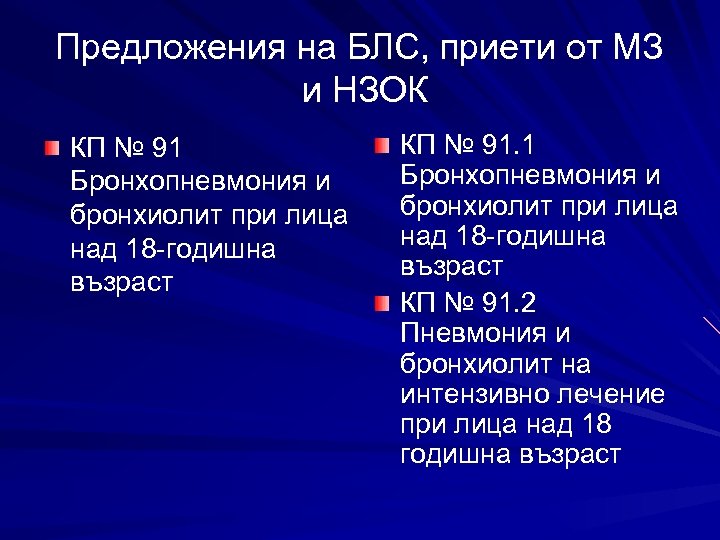 Предложения на БЛС, приети от МЗ и НЗОК КП № 91 Бронхопневмония и бронхиолит