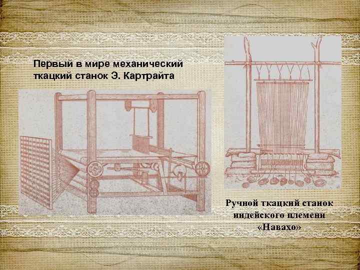 Первый в мире механический ткацкий станок Э. Картрайта Ручной ткацкий станок индейского племени «Навахо»