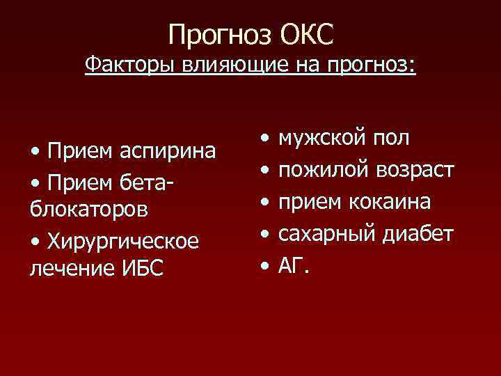 Прогноз ОКС Факторы влияющие на прогноз: • Прием аспирина • Прием бетаблокаторов • Хирургическое