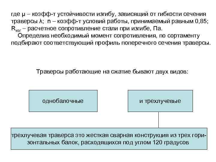 где μ – коэфф-т устойчивости изгибу, зависящий от гибкости сечения траверсы λ; n –