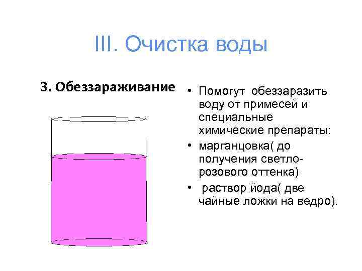 III. Очистка воды 3. Обеззараживание • Помогут обеззаразить воду от примесей и специальные химические
