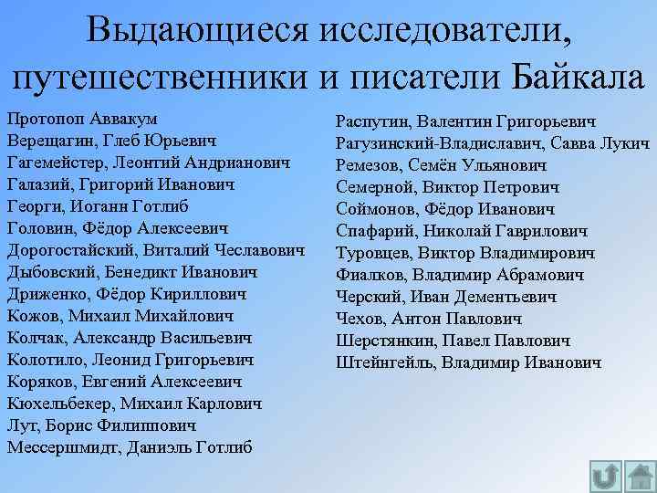 Выдающиеся исследователи, путешественники и писатели Байкала Протопоп Аввакум Верещагин, Глеб Юрьевич Гагемейстер, Леонтий Андрианович