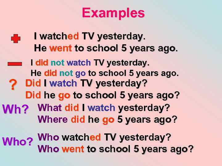 Examples I watched TV yesterday. He went to school 5 years ago. ? I