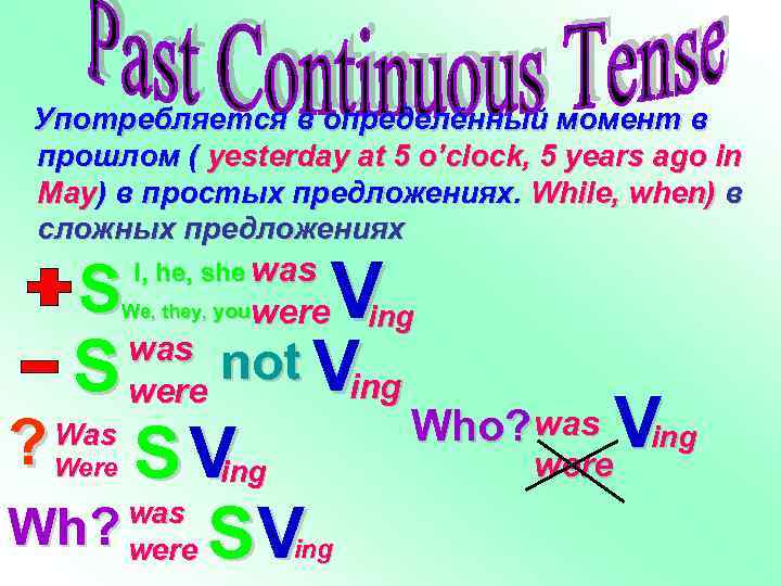 Употребляется в определённый момент в прошлом ( yesterday at 5 o’clock, 5 years ago