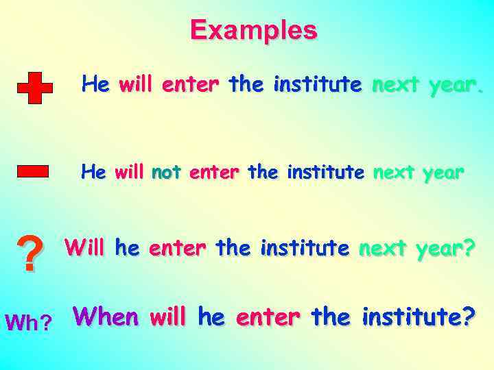 Examples He will enter the institute next year. He will not enter the institute