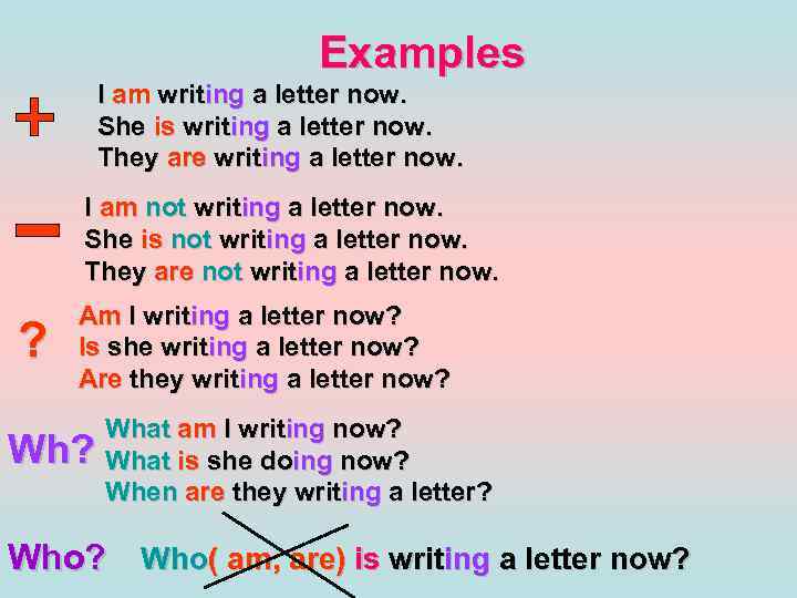 Examples I am writing a letter now. She is writing a letter now. They