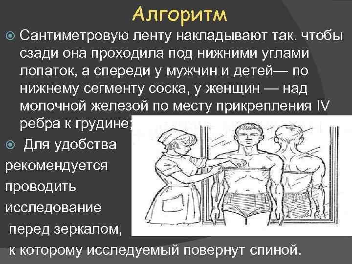 Алгоритм Сантиметровую ленту накладывают так. чтобы сзади она проходила под нижними углами лопаток, а