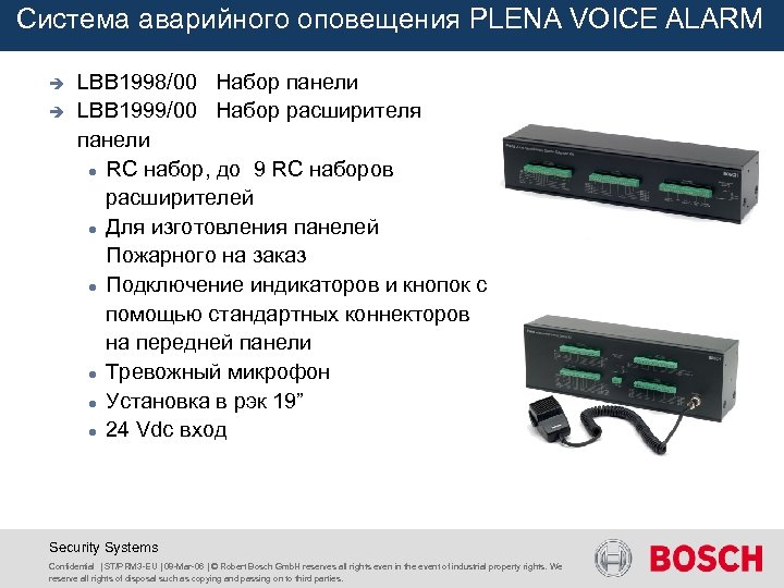 Система аварийного оповещения PLENA VOICE ALARM è è LBB 1998/00 Набор панели LBB 1999/00