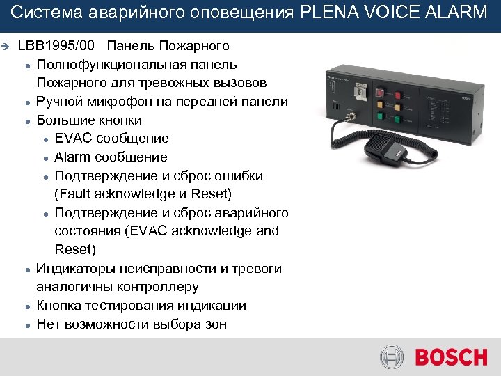 è Система аварийного оповещения PLENA VOICE ALARM LBB 1995/00 Панель Пожарного Полнофункциональная панель Пожарного