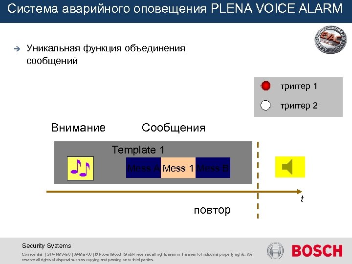 Система аварийного оповещения PLENA VOICE ALARM è Уникальная функция объединения сообщений триггер 1 триггер
