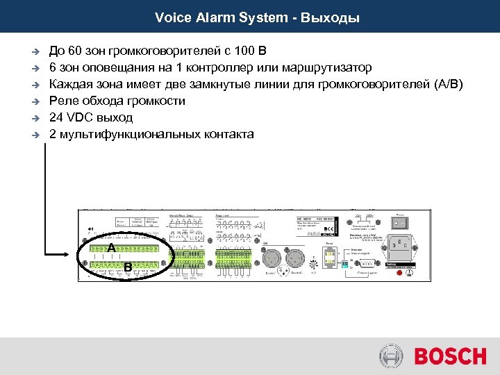 Voice Alarm System - Выходы è è è До 60 зон громкоговорителей с 100