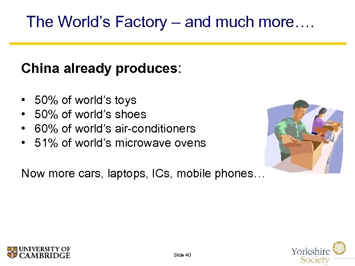 The World’s Factory – and much more…. China already produces: • • 50% of