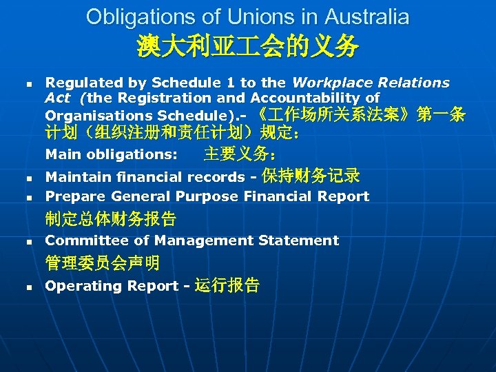 Obligations of Unions in Australia 澳大利亚 会的义务 n Regulated by Schedule 1 to the