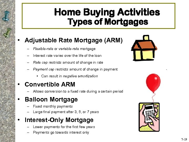 Home Buying Activities Types of Mortgages • Adjustable Rate Mortgage (ARM) – Flexible-rate or