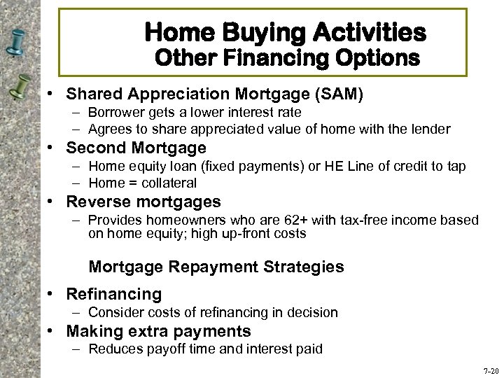 Home Buying Activities Other Financing Options • Shared Appreciation Mortgage (SAM) – Borrower gets