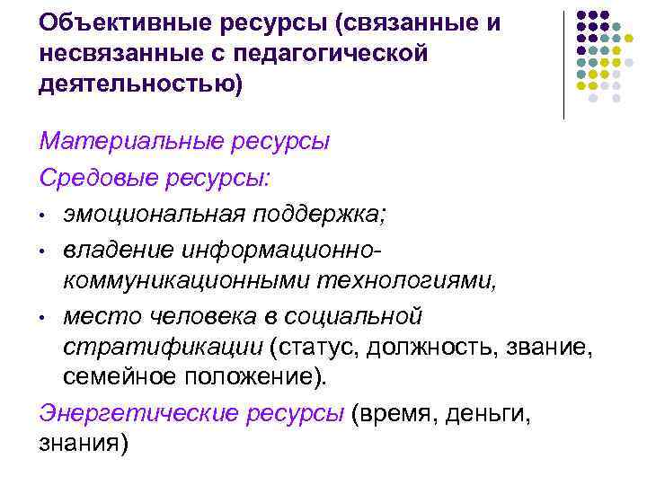 Объективные ресурсы (связанные и несвязанные с педагогической деятельностью) Материальные ресурсы Средовые ресурсы: • эмоциональная