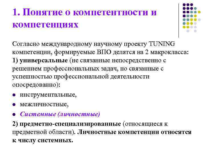 1. Понятие о компетентности и компетенциях Согласно международному научному проекту TUNING компетенции, формируемые ВПО