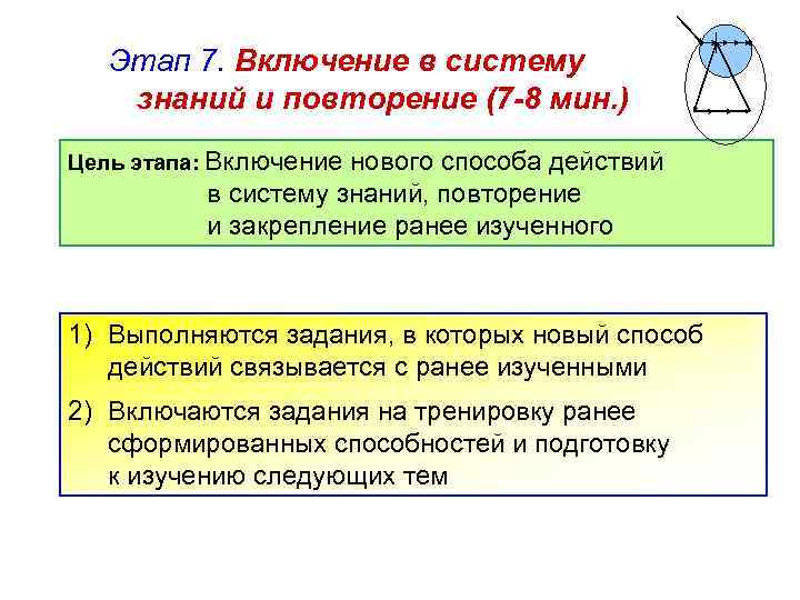 Этап 7. Включение в систему знаний и повторение (7 -8 мин. ) Цель этапа: