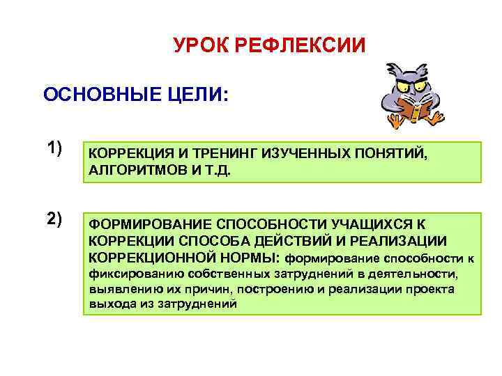 УРОК РЕФЛЕКСИИ ОСНОВНЫЕ ЦЕЛИ: 1) 2) КОРРЕКЦИЯ И ТРЕНИНГ ИЗУЧЕННЫХ ПОНЯТИЙ, АЛГОРИТМОВ И Т.