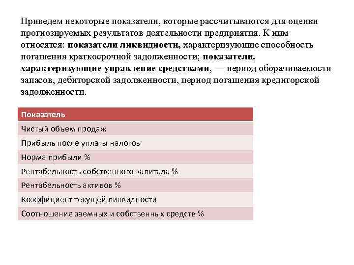 Приведем некоторые показатели, которые рассчитываются для оценки прогнозируемых результатов деятельности предприятия. К ним относятся:
