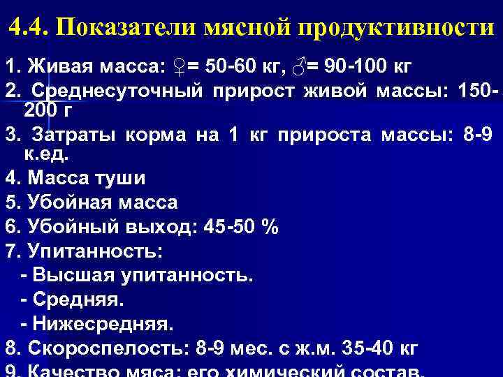 4. 4. Показатели мясной продуктивности 1. Живая масса: ♀= 50 60 кг, ♂= 90