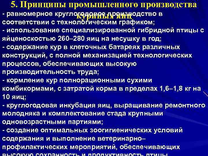 5. Принципы промышленного производства равномерное круглогодовое производство в куриных яиц соответствии с технологическим графиком;